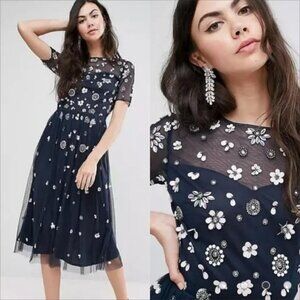 MAYA Tall Midi Dress US 8 UK 12 Woman Black Embellished Mesh Beaded Short Sleeve